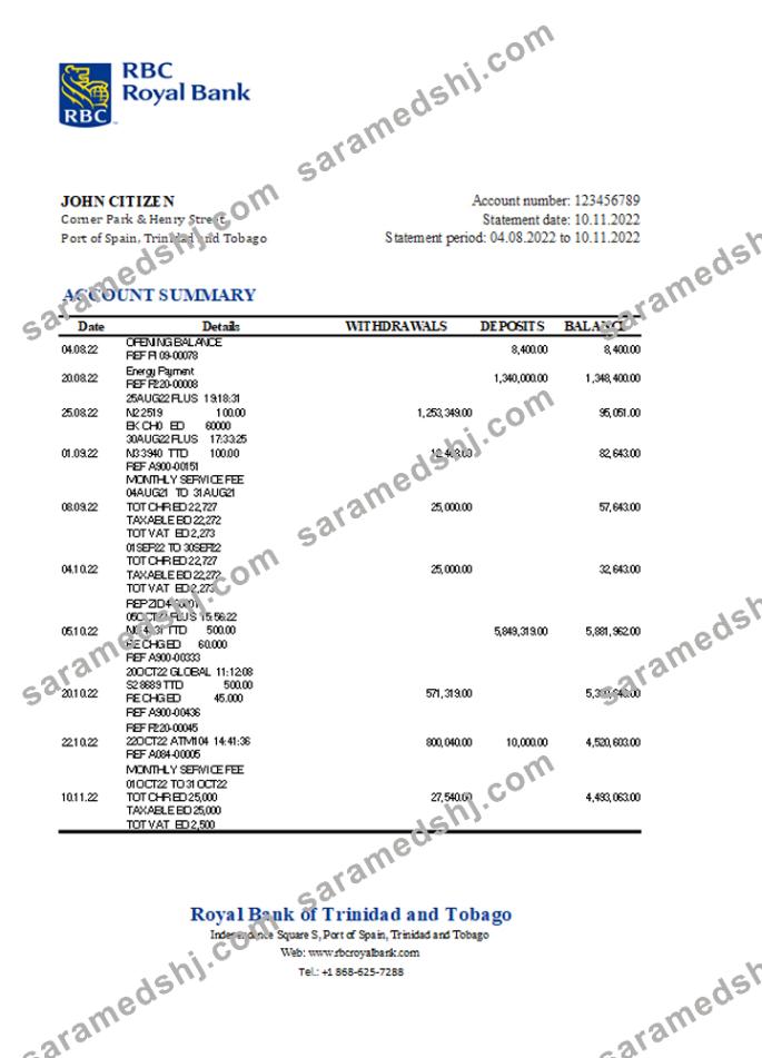 Trinidad and Tobago Royal bank statement, Excel and PDF template